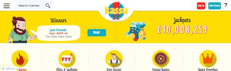 kassu casino lobby offers slot machines and jackpots, canlı kazino, all casino games and filtering choices by game providers-logo