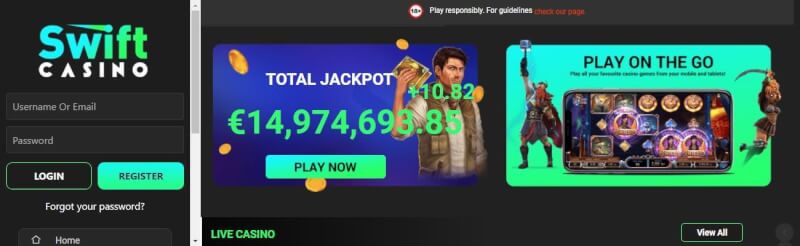 swift casino homepage provides gambling games and offers for brand new players-logo
