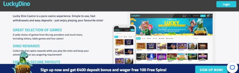 Luckydino casino lobby with slots and casino games, signup to get very first deposit bonus-logo