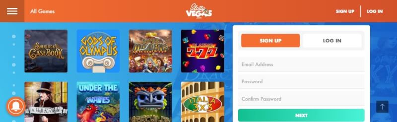 slottyvegas casino lobby provides numerous gambling games, enrollment choices and extra offers-logo