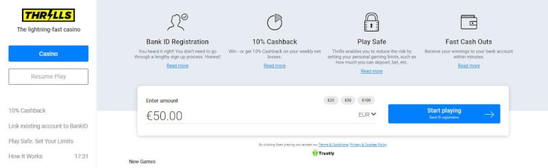 thrills casino website offers gambling games, cashback bonus and offers for new players-logo