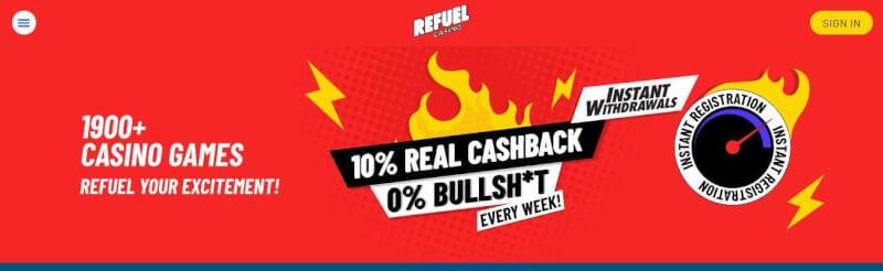 refuel casino homepage provides trustly spend n play deposits and Cashback offer-logo