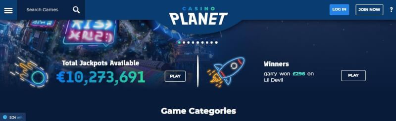 casino planet lobby provides jackpot games, search games filter and promotions for new players-logo