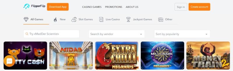 flipperflip casino website offers casino games, ilk depozit əlavə və yeni oyunçular üçün promosyonlar-loqosu