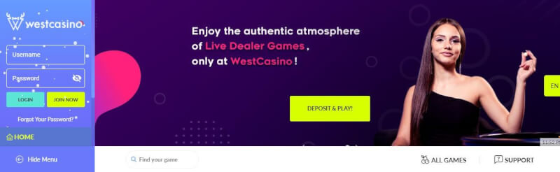 westcasino homepage provides casino games, first deposit extra and campaigns for brand new players-logo