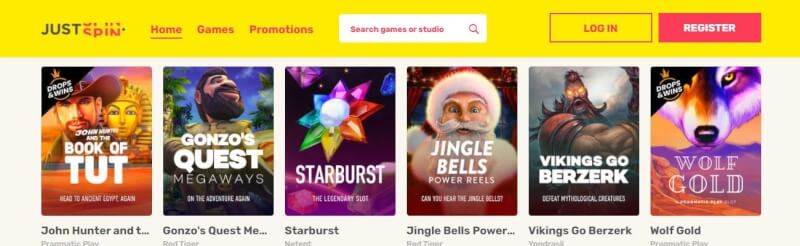 justspin homepage offers casino games, first deposit extra and campaigns for new players-logo