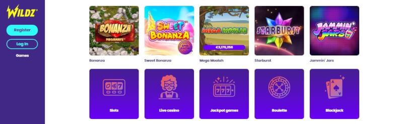 Wildz Casino features a simple yet neat lobby where you can effortlessly find your way around. The campaigns, such as the welcome bonus-logo