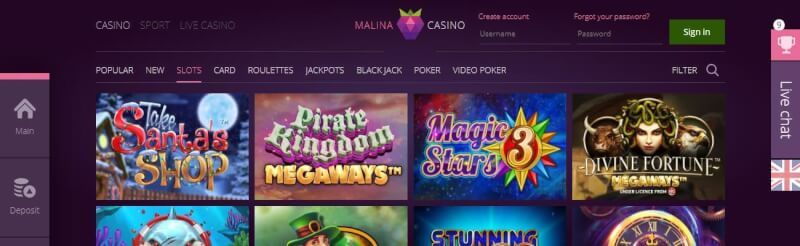 malina casino website offers gambling games and campaigns for brand new players-logo