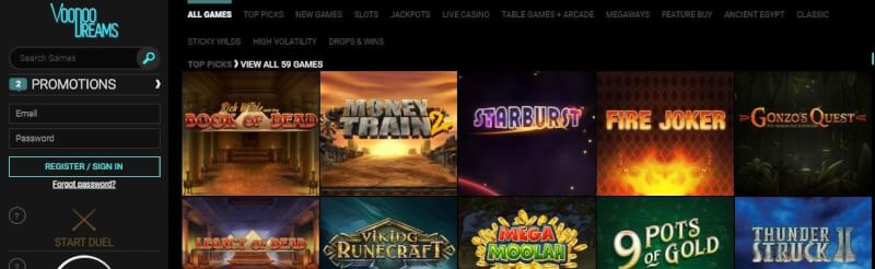 voodoo dreams website offers gambling games, ilk depozit bonusu və yeni oyunçular üçün təkliflər-loqosu