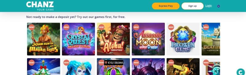 Chanz Casino Lobby is filled with slot machines, real time casino and bonus offers-logo