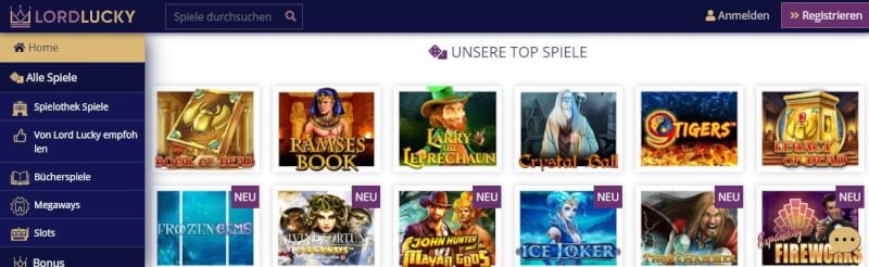Lord Lucky homepage offers casino games, very first deposit extra and promotions for new german players-logo